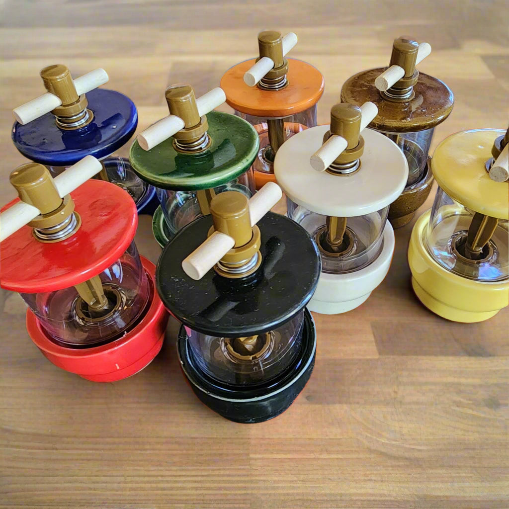 8 Pako Lazo Handmade Pottery Herb Grinders in Blue, Red, Green, Black, White, Orange, Gold, and Yelloe